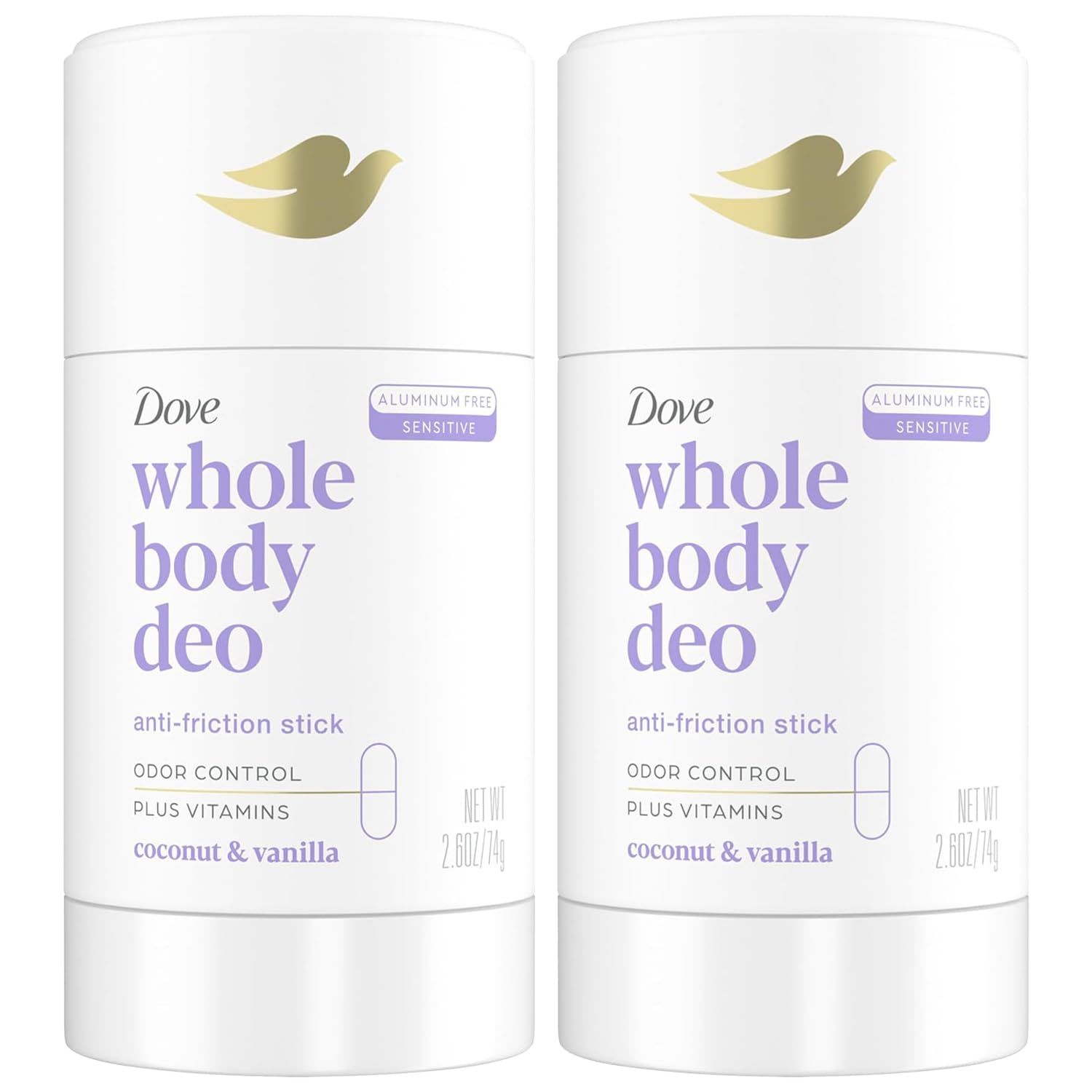 Dove Whole Body Deo Aluminum Free Anti-Friction Deodorant Stick Coconut Vanilla for All Day Odor Control 2.6 oz (Pack of 2)