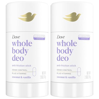 Dove Whole Body Deo Aluminum Free Anti-Friction Deodorant Stick Coconut Vanilla for All Day Odor Control 2.6 oz (Pack of 2)