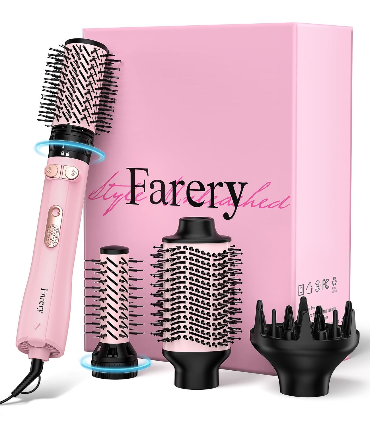 Farery 4-in-1 Rotating Blow Dryer Brush Set Oval Volumizing Barrel, 1.5&quot; 2&quot; Rotating Brushes, and Diffuser All-in-One Hot Air Brush for Fast Drying, Volumizing, and Smoothing
