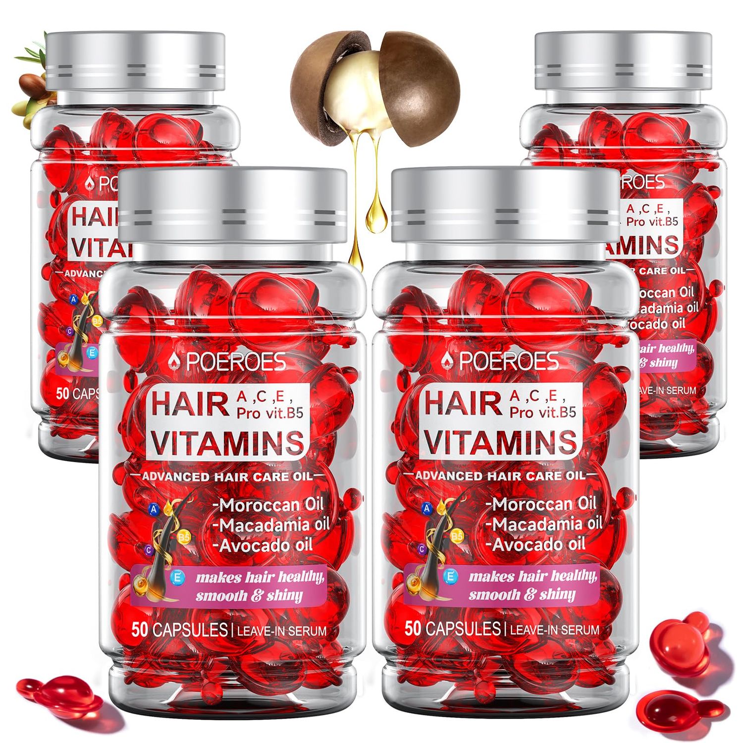 POEROES Hair Vitamins A C, E B5-200 Capsules Hair Serum with Argan, Avocado Macadamia Oils - Hair Treatment for Healthy Nourished Hair