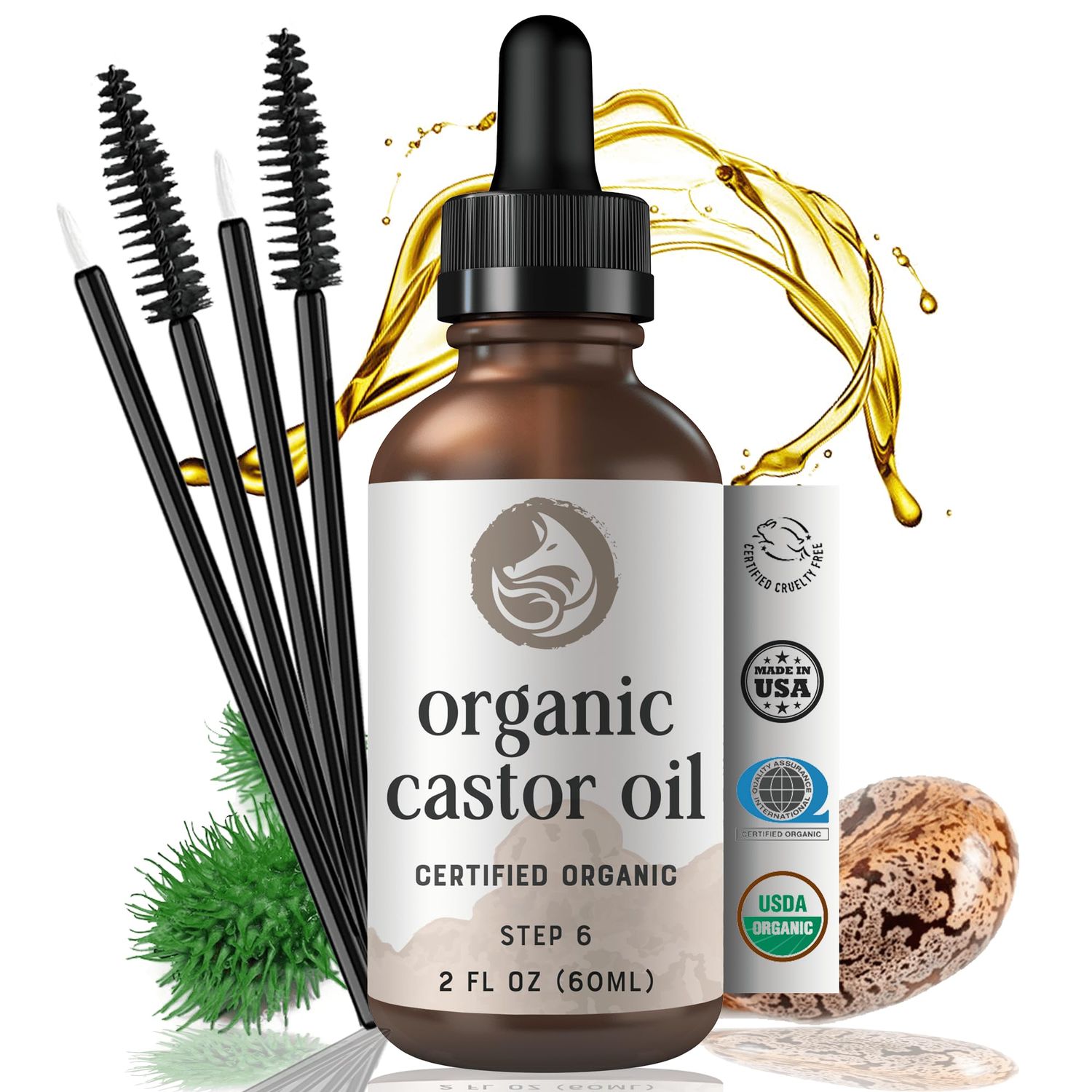Pure VIRGIN Organic Castor Oil with Wand, Brush Kit - USDA Certified, Hexane-Free - Thicker Eye Lashes Nourish Hair Nails by Foxbrim Naturals 2 oz