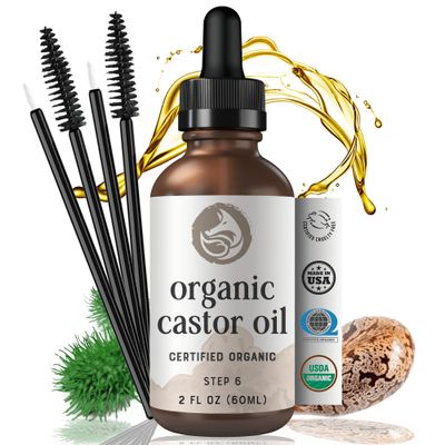 Pure VIRGIN Organic Castor Oil with Wand, Brush Kit - USDA Certified, Hexane-Free - Thicker Eye Lashes Nourish Hair Nails by Foxbrim Naturals 2 oz