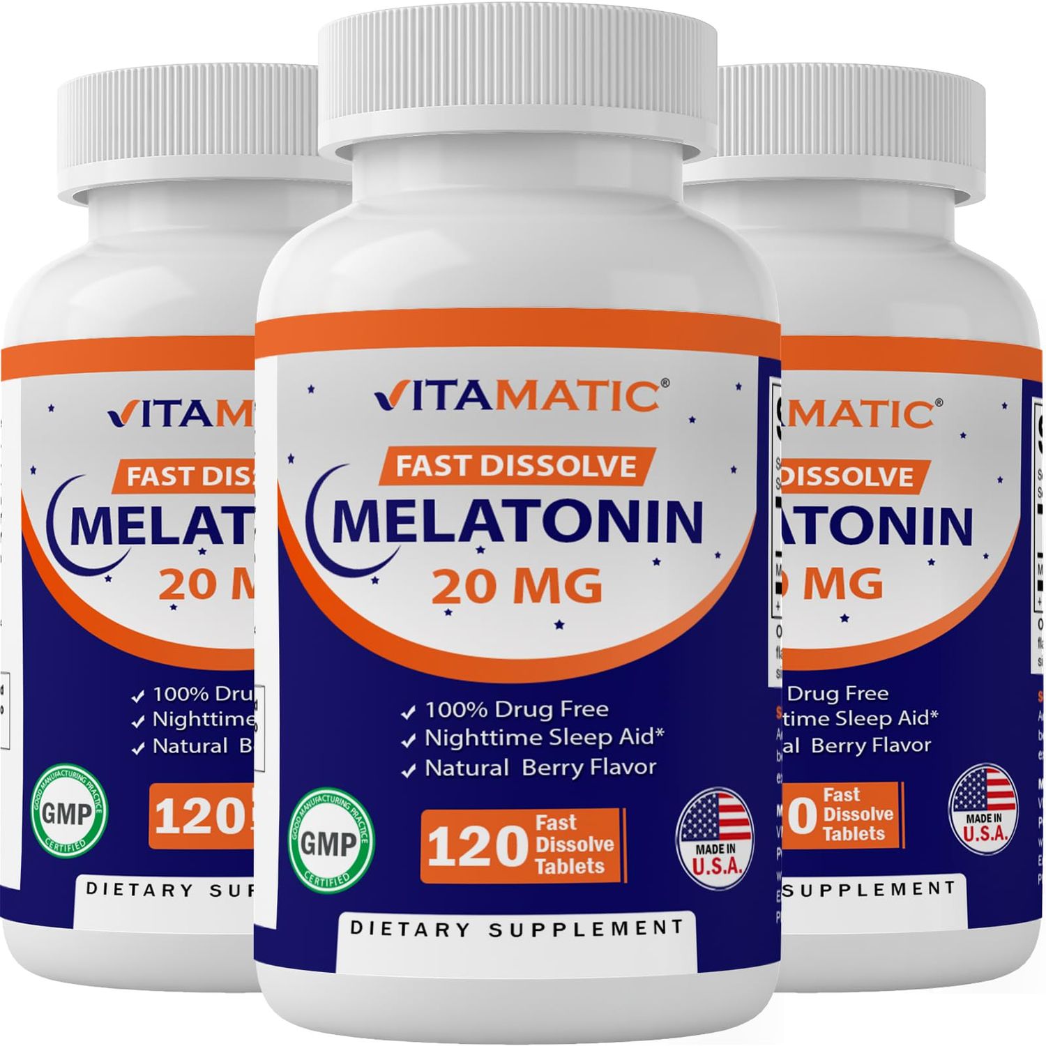 Vitamatic Melatonin 20 mg Tablets Vegetarian, Non-GMO, Gluten Free HIGH Potency 20 MG Natural Berry Flavor (12 Tablets Melatonin 10 mg) (120 Count (Pack of 3))