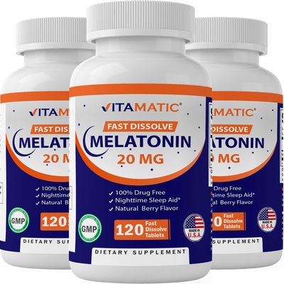 Vitamatic Melatonin 20 mg Tablets Vegetarian, Non-GMO, Gluten Free HIGH Potency 20 MG Natural Berry Flavor (12 Tablets Melatonin 10 mg) (120 Count (Pack of 3))