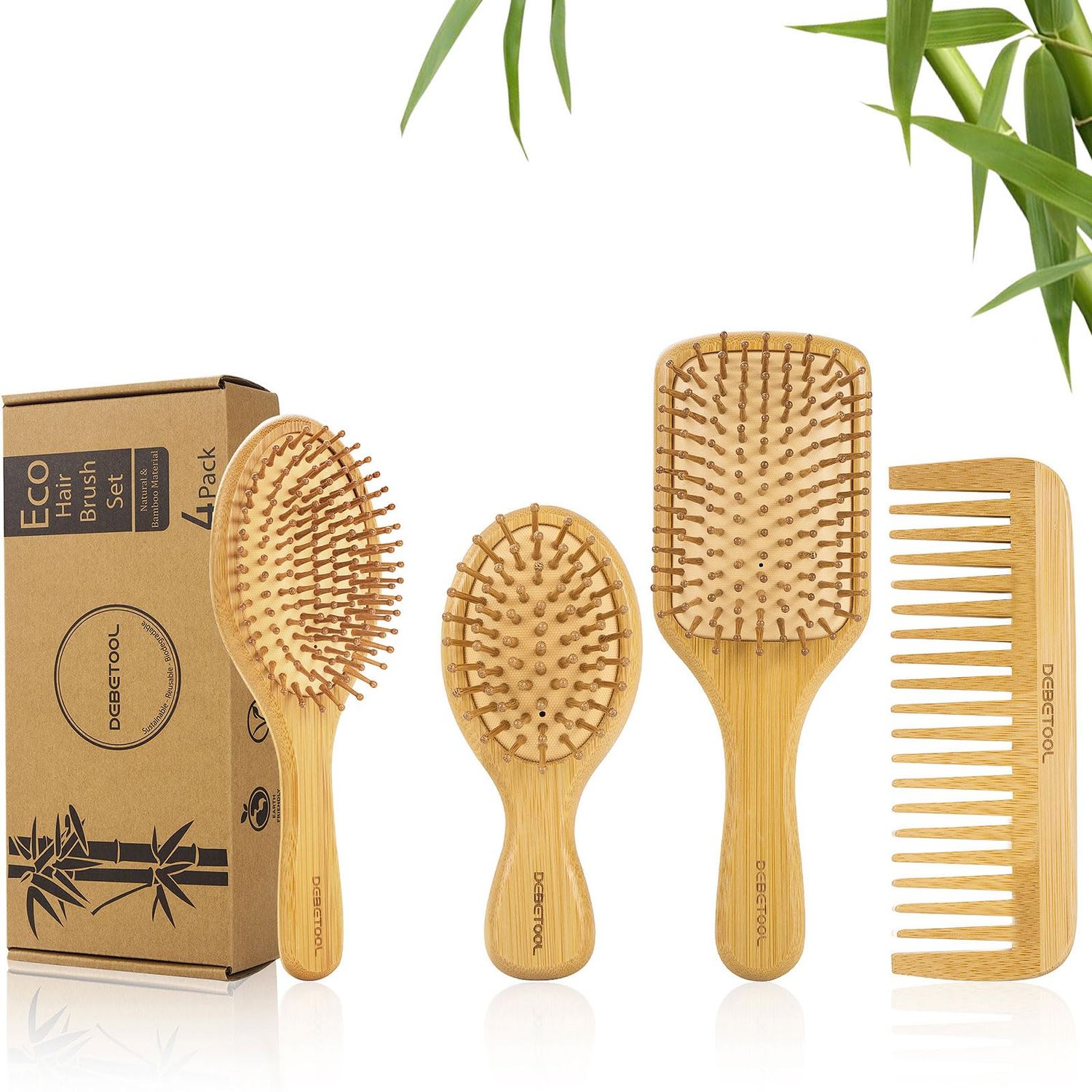 DEBETOOL Bamboo Hair Brush Set, Natural Wooden Bamboo Comb Paddle Detangling Hairbrush for Hair Growth - Wide-tooth and Tail Comb Suitable for ThickThinCurlyDry Hair