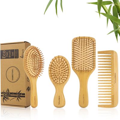 DEBETOOL Bamboo Hair Brush Set, Natural Wooden Bamboo Comb Paddle Detangling Hairbrush for Hair Growth - Wide-tooth and Tail Comb Suitable for ThickThinCurlyDry Hair