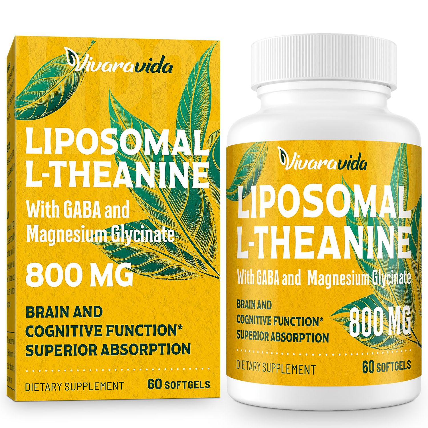 Vivaravida L-Theanine 800mg Supplement with GABA and Magnesium Glycinate - Natural Compound, Sleep and Relaxation (60 Softgels)