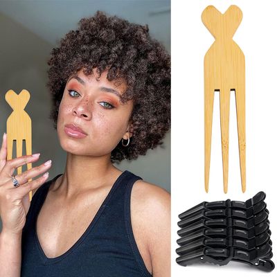 Wooden Parting Comb for African Women&#39;s Hair Braiding - Anti-Static Three-Prong Wide Tooth Comb with 6 Alligator Hair Clips