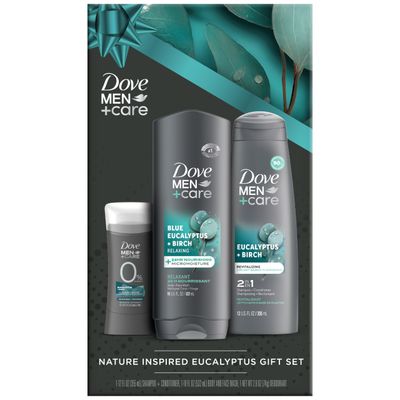 Dove Men Care Bundle -Blue Eucalyptus Birch Body Face Wash, 2-in-1 Shampoo Conditioner 48H Aluminum-Free Deodorant (3 Piece Set)