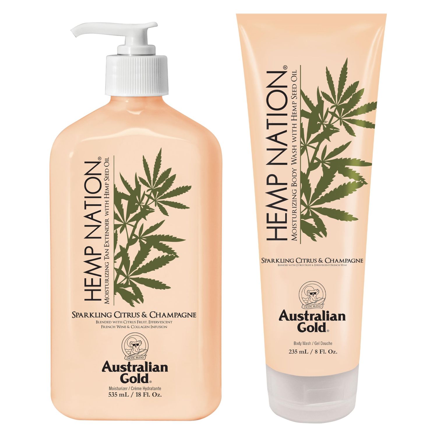 Australian Gold Hemp Nation Sparkling Citrus Champagne Bundle - Tan Extender Body Lotion (18 FL Oz) Body Wash (8 FL Oz), Effervescent Orange, Grapefruit French Wine Extract, Pure Hemp Seed Oil