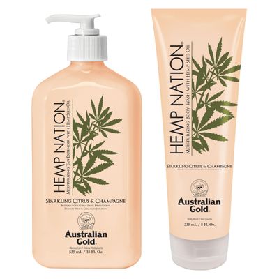 Australian Gold Hemp Nation Sparkling Citrus Champagne Bundle - Tan Extender Body Lotion (18 FL Oz) Body Wash (8 FL Oz), Effervescent Orange, Grapefruit French Wine Extract, Pure Hemp Seed Oil