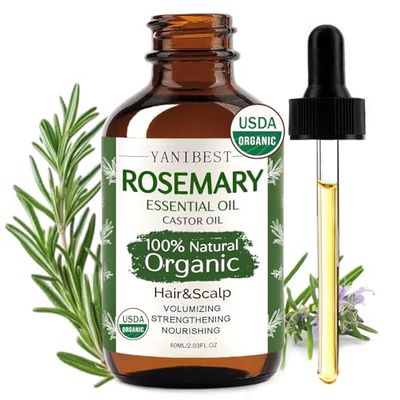 YANIBEST Organic Rosemary Essential Oil, Castor Oil, 100 Pure Natural Hair Oil for Strengthening Hair, Nourish and Repair Damaged Hair, Improve Scalp Health