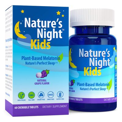 Nature&#39;s Night Kids Plant Based Melatonin 1MG Natural Grape Flavor 60 Chewable Tablets Gluten Free Non-GMO Drug Free Vegan 100 Natural