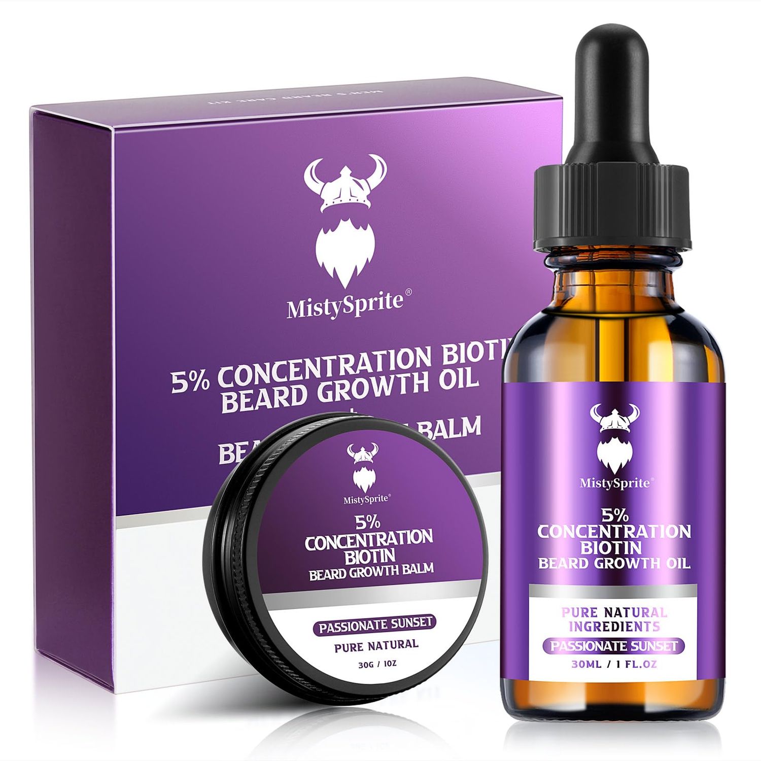 Beard Growth Kit - 5 Concentration Biotin Beard Oil for Men (2 oz) - Natural Mens Beard Oil with Argan Oil, Jojoba Oil and Vitamin, Beard Growth Softener, Moisturizer (Passionate Sunset)