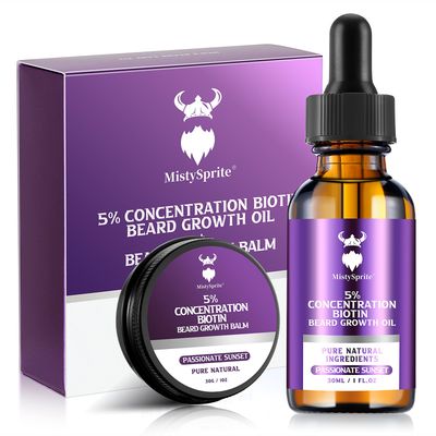 Beard Growth Kit - 5 Concentration Biotin Beard Oil for Men (2 oz) - Natural Mens Beard Oil with Argan Oil, Jojoba Oil and Vitamin, Beard Growth Softener, Moisturizer (Passionate Sunset)