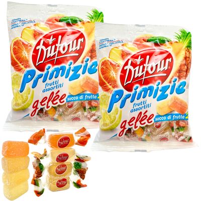 Dufour Primizie Italian Jelly Candy 5.29 oz. (150g)(Pack of 2) Pates de Fruits - Italian Delicacies - Jelly Juice Fruit Candy - Soft Fruit Gummies - Sweet Geles - 22 Fruit - Individually Wrapped