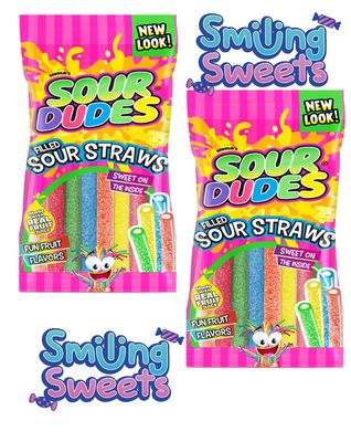 Smiling Sweets Sour Dudes Sour Filled Gummy Straws, Sweet on the Inside, Fun Fruit Flavors, Made with Real Fruit Juice and Fun Colors and Flavors (Pack of 2)