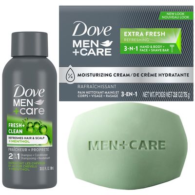 Dove MenCare Bar Soap and Travel Shampoo Set -Extra Fresh 3-in-1 Cleansing Bar Fresh Clean 2-in-1 Shampoo and Conditioner (2 Piece Set)