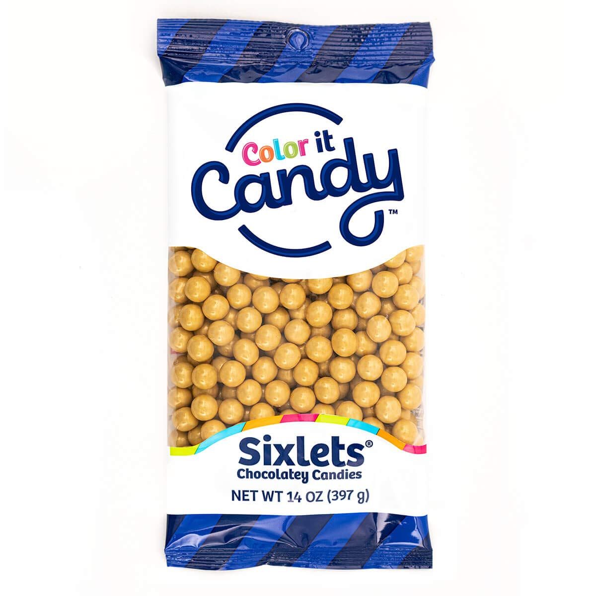 Color It Candy Shimmer Gold Sixlets 14 Oz Peg Bag - Perfect For Table Centerpieces, Weddings, Birthdays, Candy Buffets, Party Favors.
