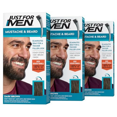 Just For Men Mustache Beard, Beard Dye for Men with Brush Included, With Keratin Biotin Aloe and Coconut Oil for Healthy Facial Hair - Dark Brown, M-45, Pack of 3 (Packaging May Vary)