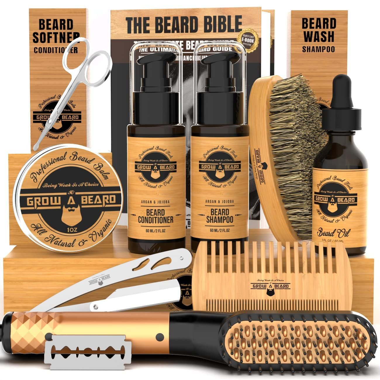 Beard Straightener Grooming Kit for Men, Beard Growth Kit, Wash, Brush Comb, Unscented Growth Oil, All Natural Chanel Balm, Conditioner, Razor Scissors, Great Gift Idea for Men&#39;s (Bamboo)
