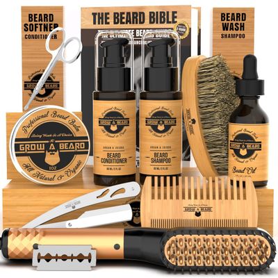 Beard Straightener Grooming Kit for Men, Beard Growth Kit, Wash, Brush Comb, Unscented Growth Oil, All Natural Chanel Balm, Conditioner, Razor Scissors, Great Gift Idea for Men&#39;s (Bamboo)