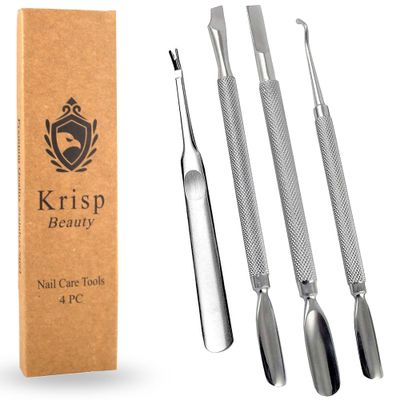 Cuticle Pusher Tools - Professional Nail Cuticle Pusher Cuticle Remover Cuticle Trimmer Ingrown Toenail Lifter Nail Cleaner Dual Sided Stainless Steel Manicure Pedicure Women 4 Pack Set Krisp Beauty