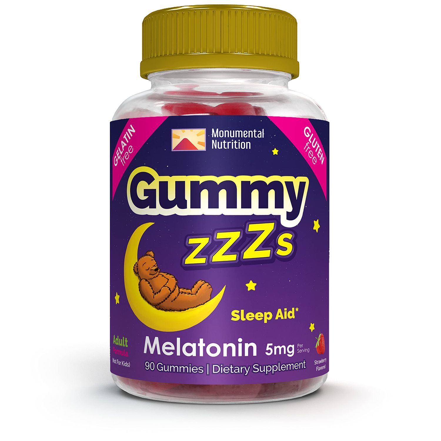 Gummy ZZZs Melatonin, Gelatin-Free, Drug-Free, Vegetarian, Vegan-Friendly, Halal Certified, Gluten-Free, Delicious Strawberry Flavor, Kosher-Friendly, For Adults, Men, Women, 90 count