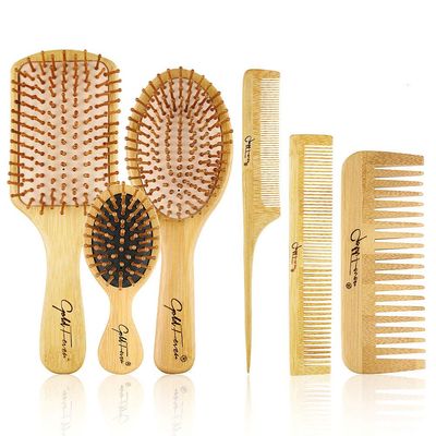BestFire 6 in 1 Hair Brush Set for Men Women: Bamboo Bristle Hairbrush, Tail Comb, Double Head Comb, 3 Air Cushion Massage Brushes for Scalp Massaging