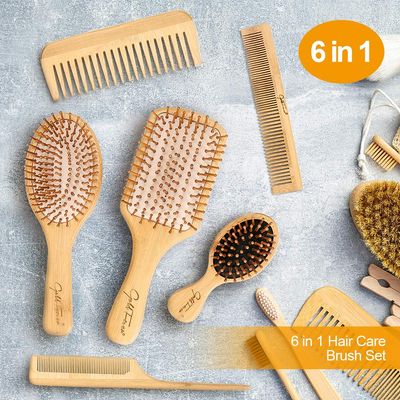 BestFire 6 in 1 Hair Brush Set for Men Women: Bamboo Bristle Hairbrush, Tail Comb, Double Head Comb, 3 Air Cushion Massage Brushes for Scalp Massaging