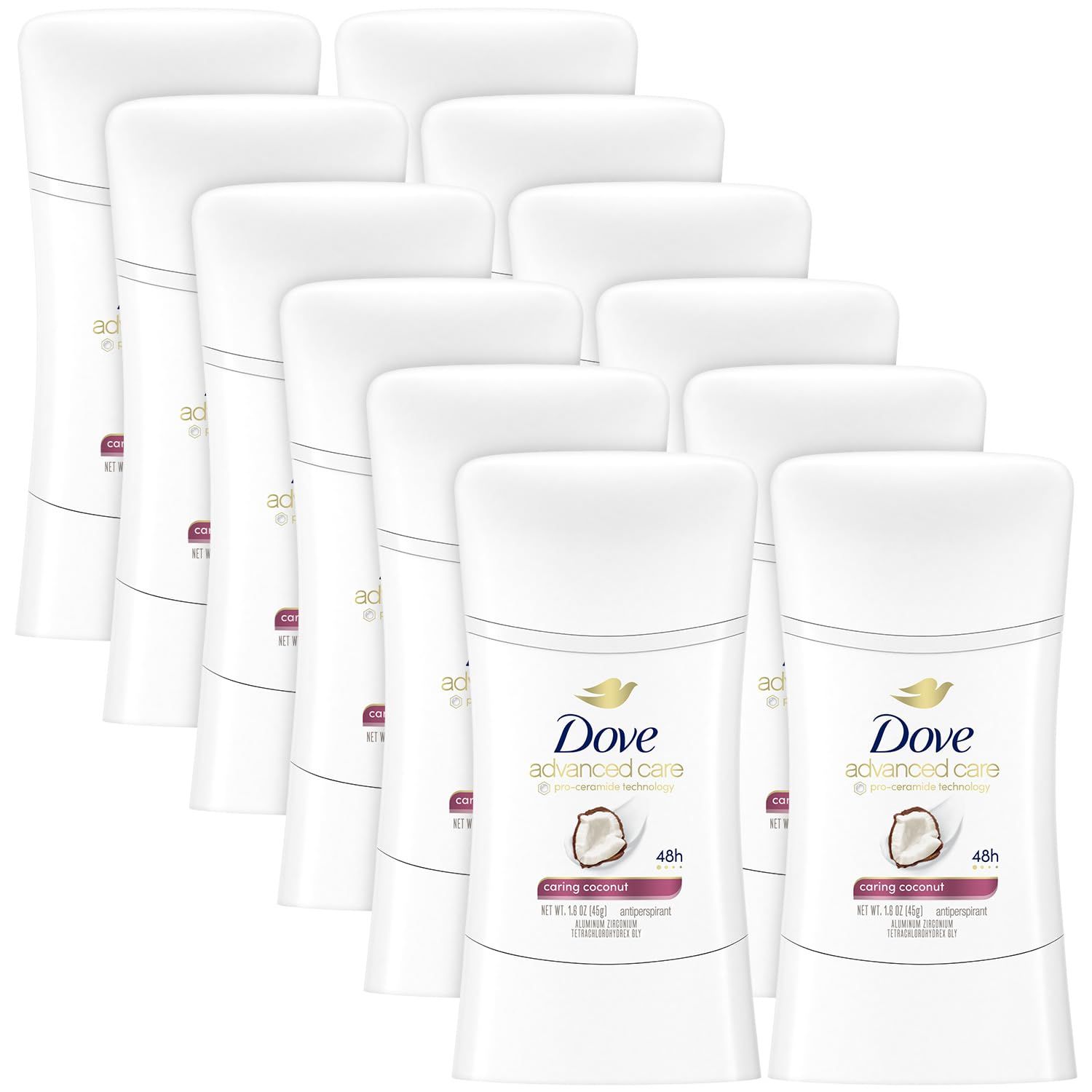 Dove Advanced Care Antiperspirant, Caring Coconut, 12-Pack - Moisturizing Deodorant Stick with 48H of Sweat Protection, 1.6 Oz Ea