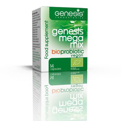 Genesis MegaMix Bio Vegan Probiotic with Lactobacillus and Bifidobacterium Strains May Support Gut Helth, Digestion, Immune System 250 Mg per Capsule 14 caps