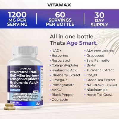 Vitamax Resveratrol NAD Berberine Hyaluronic Acid - Biotin Grape Blueberry NAC - Collagen Peptides - Hair, Nail, Skin Joint Supplement - 21-in-1 Women and Men - Made in USA - 120 Count