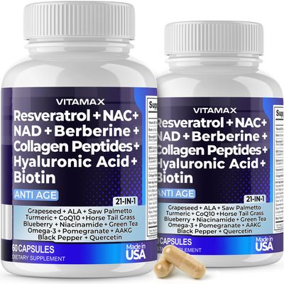 Vitamax Resveratrol NAD Berberine Hyaluronic Acid - Biotin Grape Blueberry NAC - Collagen Peptides - Hair, Nail, Skin Joint Supplement - 21-in-1 Women and Men - Made in USA - 120 Count