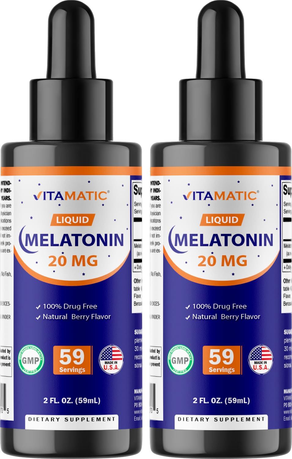 Vitamatic 2-Pack Melatonin 20mg Liquid Drops - 2 fl oz (59 ml) Each - Natural Berry Flavor - Non-GMO, Vegetarian Supplement for Adults
