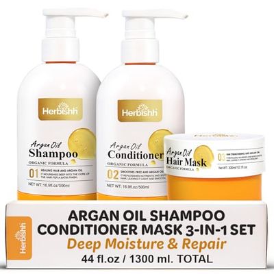 Herbishh Moroccan Argan Oil Shampoo and Conditioner Set with Hair Mask, Moisturizing Deep Cleansing Kit For Dry, Damaged, Frizzy Hair, Color Safe UV Protection 16.9fl.oz 16.9fl.oz 10.1 fl.oz