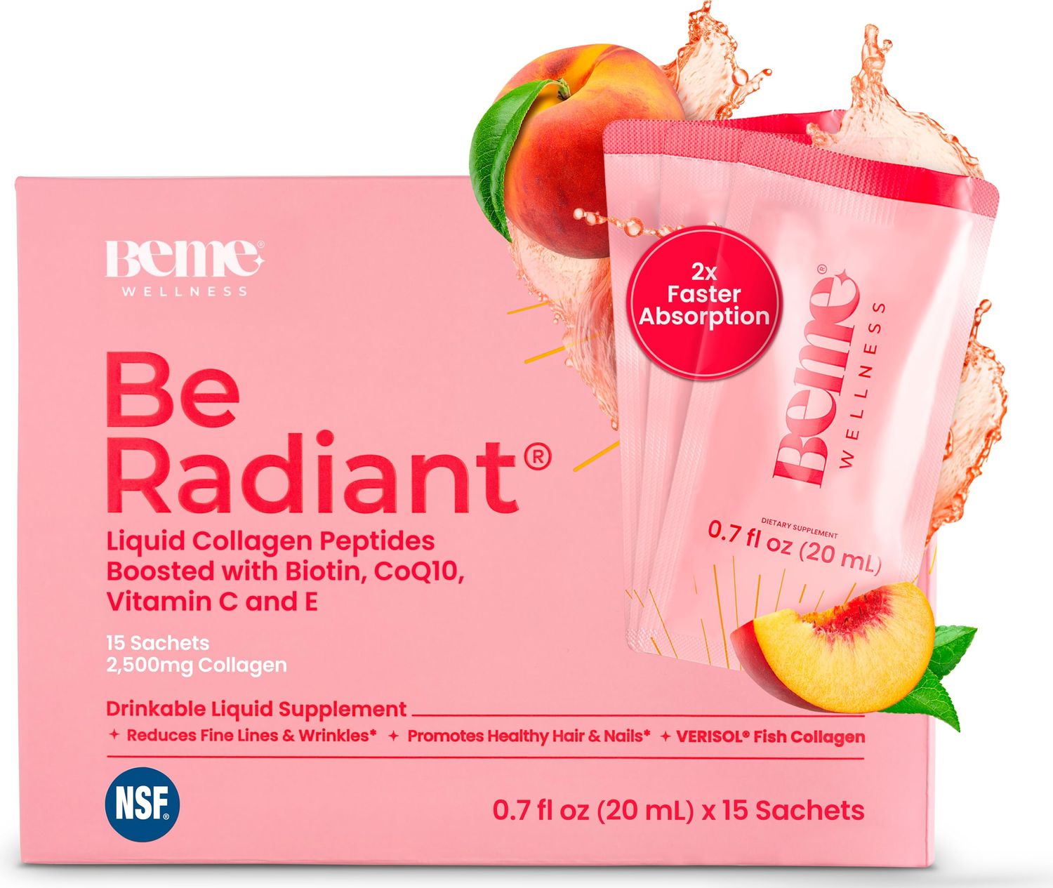 BeMe BeRadiant Liquid Collagen Peptide for Hair, Skin Nails with 2X Faster Absorption - Clinically Tested - 2500mg Verisol Hydrolyzed Collagen Supplements for Women with Biotin, CoQ10 Vitamin C