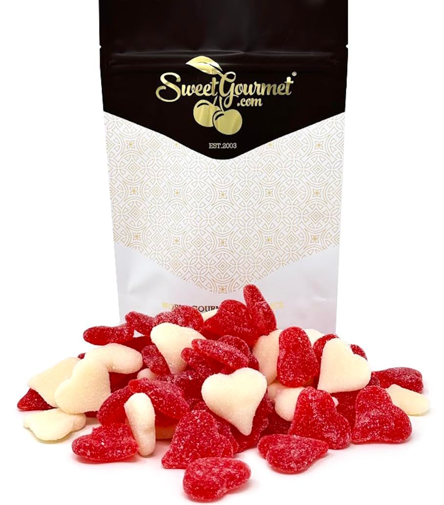 SweetGourmet Sour Gummy Red and White Candy Hearts Cherry Strawberry-Banana 1 Pound
