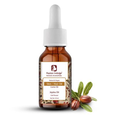 Passion Indulge Organic Jojoba Oil - 10ml Cold-Pressed Carrier Oil for Skin, Hair Face Moisturizing Oil for Nails Body Care Pure Jojoba Oil for Aromatherapy PETA Certified