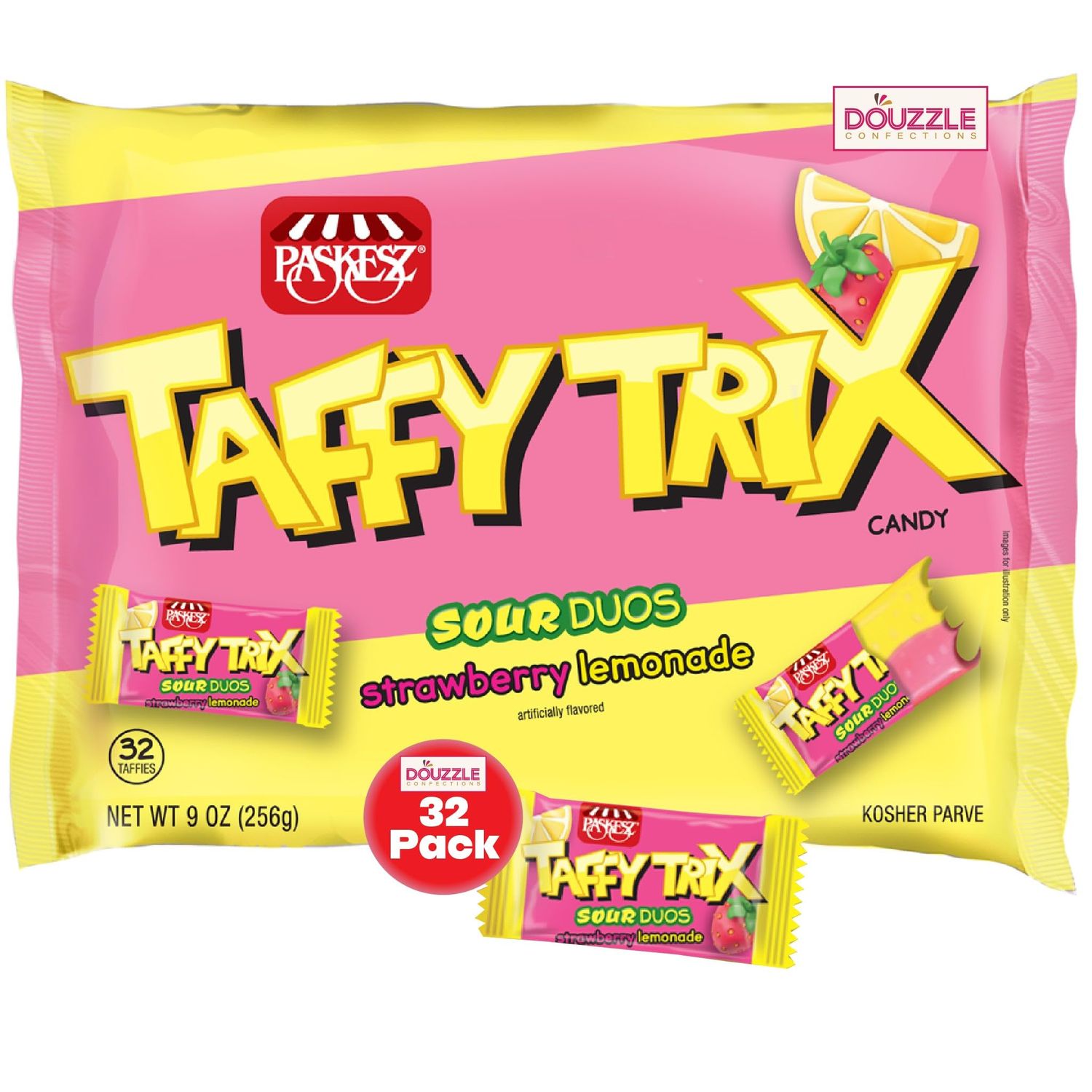DOUzzle Taffy Trix Candy Mini Bars, Sour Duos Strawberry Lemonade (32 Count, Pack of 1) Individually Wrapped Candies, Birthday Party Favors, Goodie Bags Stuffers, Pinata Filler - Kosher Parve