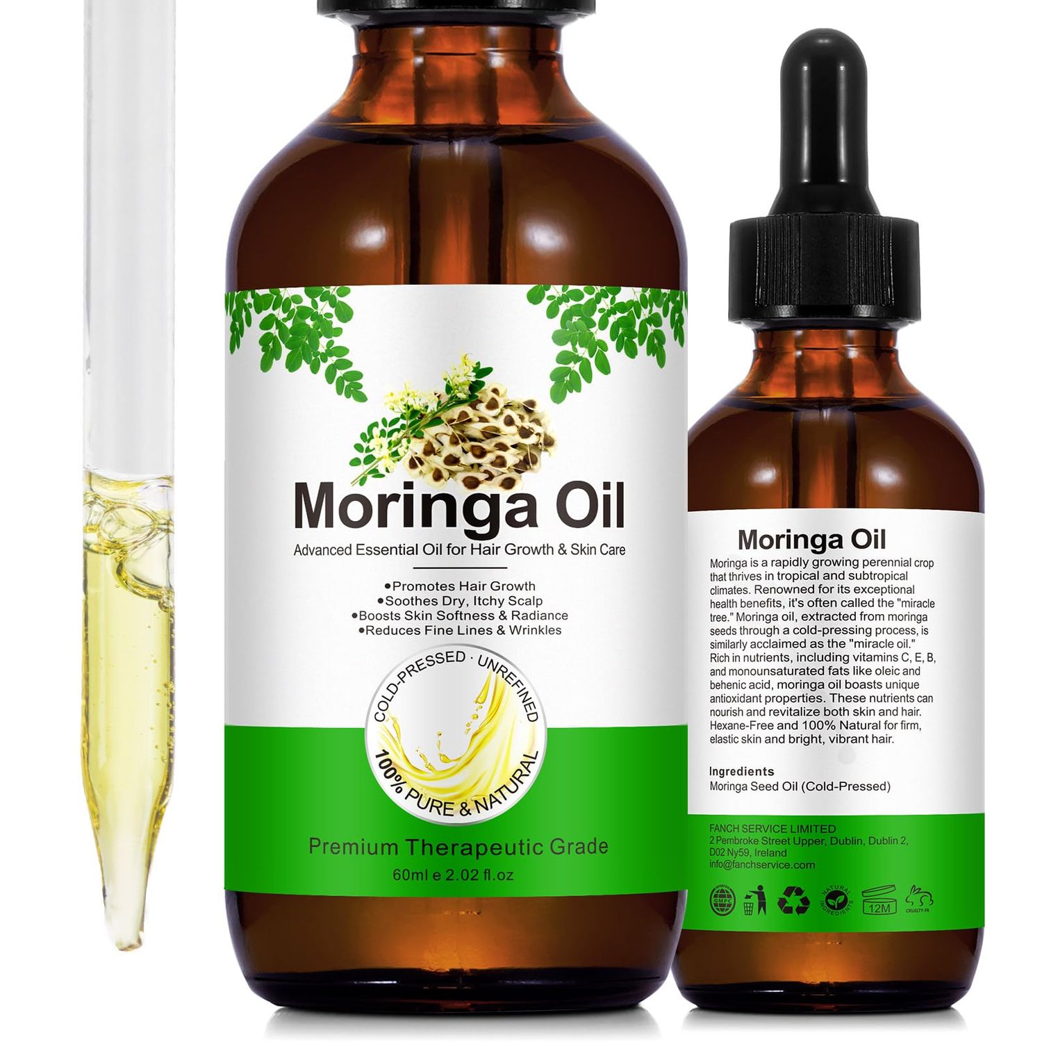 Organic Moringa Oil - Cold-Pressed, Unrefined for Hair Growth Skin Radiance, Soothes Scalp, Reduces Wrinkles, 2 Fl Oz Glass Bottle