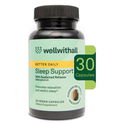 WellWithAll Sleep Support with Sustained-Release Melatonin Includes L-Theanine and Ashwagandha Promotes Relaxation and Sleep Quality Supports Stress Management Use Before Bedtime 30 Capsules