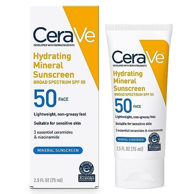 CeraVe 100 Mineral Sunscreen SPF 50, Face sunscreen With Zinc Oxide Titanium Dioxide, Hyaluronic Acid Niacinamide Ceramides, Oil Free, Travel Size 2.5 oz
