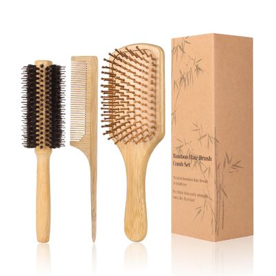 MenGate 3Pcs Bamboo Hair Brush Set for Hair Growth, Bamboo Paddle Detangling Hairbrush Board Bristles Round Brush Wooden Rat Tail Comb for Women Men and Kids Massage Scalp