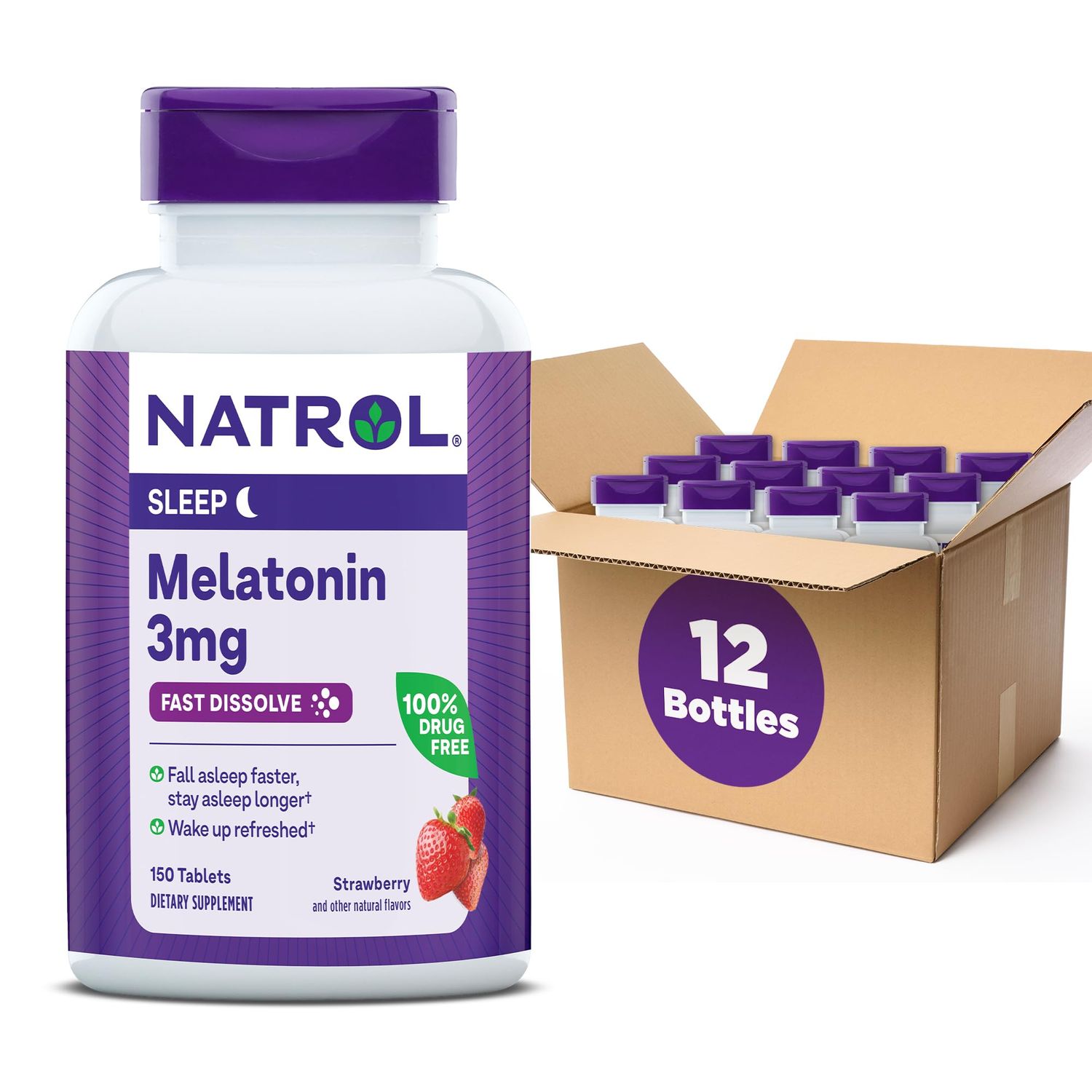 Natrol Melatonin 3mg, Strawberry-Flavored Dietary Supplement for Restful Sleep, 150 Fast-Dissolve Tablets, 150 Day Supply (Pack of 12)