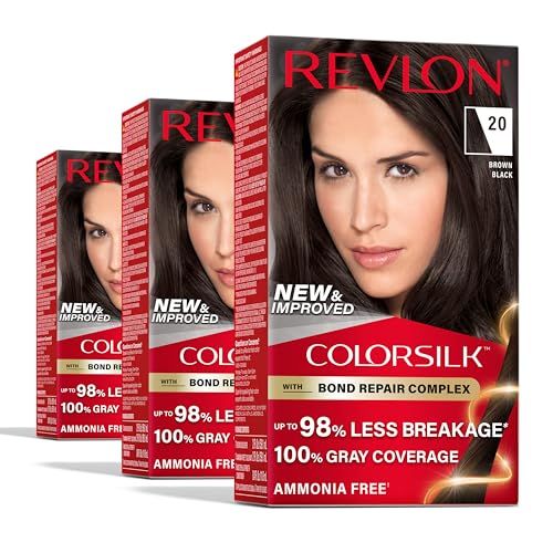 Revlon ColorSilk with Bond Repair Complex, Black Permanent Hair Color, 100 Gray Coverage, Ammonia Free Hair Dye, Vegan Keratin, 20 Brown Black (Pack of 3)