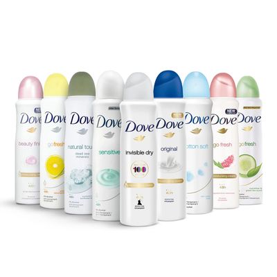 Dove Antiperspirant Spray, International Version, 150 ml (Pack of 10)