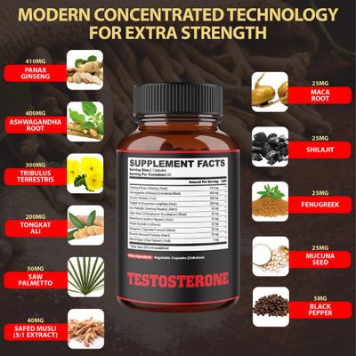 agobi Testosterone Supplement for Men - 11 Potent Herbs - Ashwagandha, Tribulus, Ginseng More - 60 Capsules for 1 Month