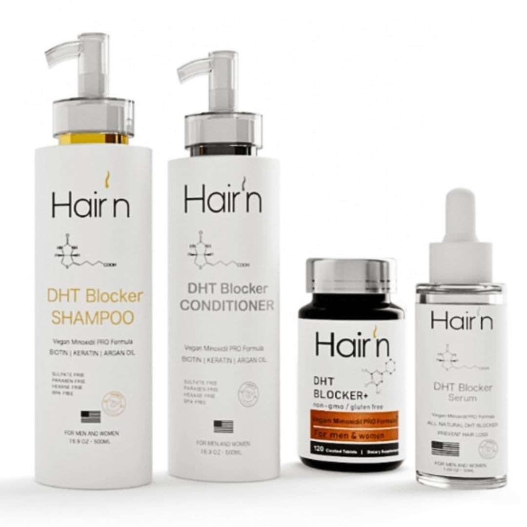 HAIRn DHT Blocker Hair Care Kit, Vegan Botanical Hair Growth System for Men Women, Includes Shampoo, Conditioner, Serum, and Hair Growth Supplement, Sulfate, Paraben Hexane Free, Safe for All