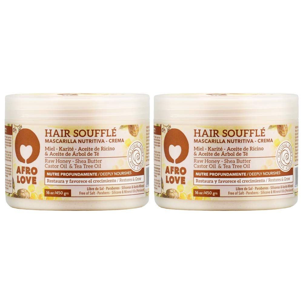 Afro Love Hair Souffl (16oz, Pack of 2), Deeply Nourishing Restorative Cream for Curly, Kinky Coily Hair, Rich in Raw Honey, Shea Butter, Castor Oil Tea Tree Oil - Sulfate-Free Paraben-Free